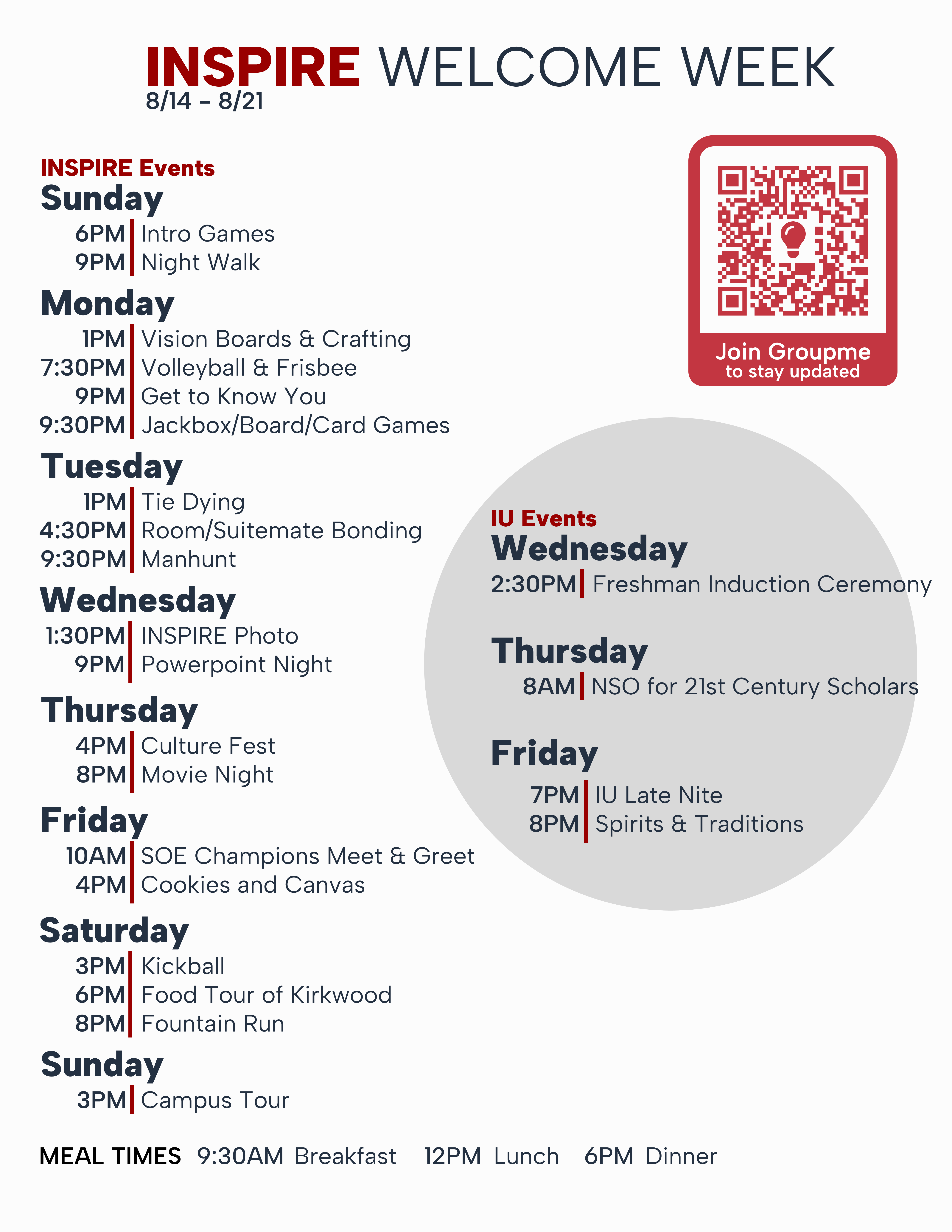 Inspire Welcome Week flyer that shows times and dates for events to welcome new students.
